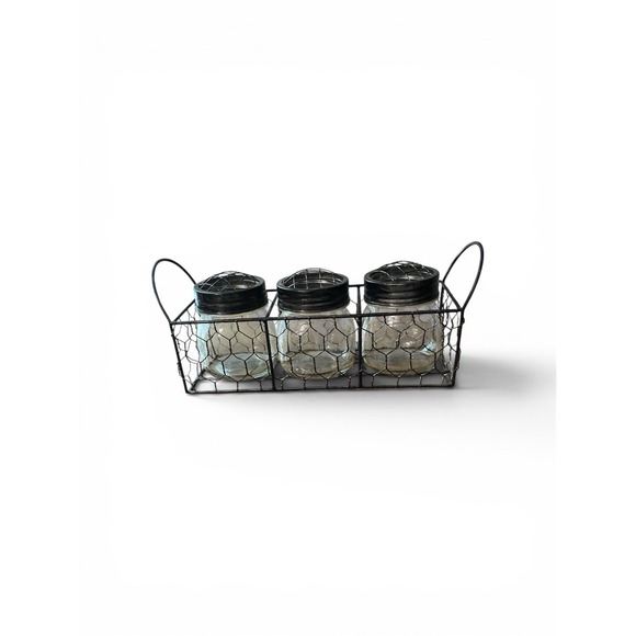 Other - Farmhouse Style 3 Jars With Floral Frog Wire Mesh Lids & Metal Basket